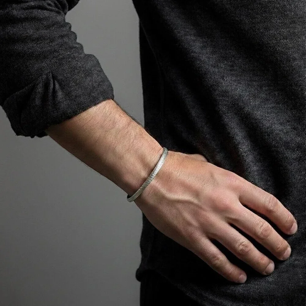 Brushed Sterling Silver Twist Pattern Open Cuff Bangle Bracelet w/Satin Finish
